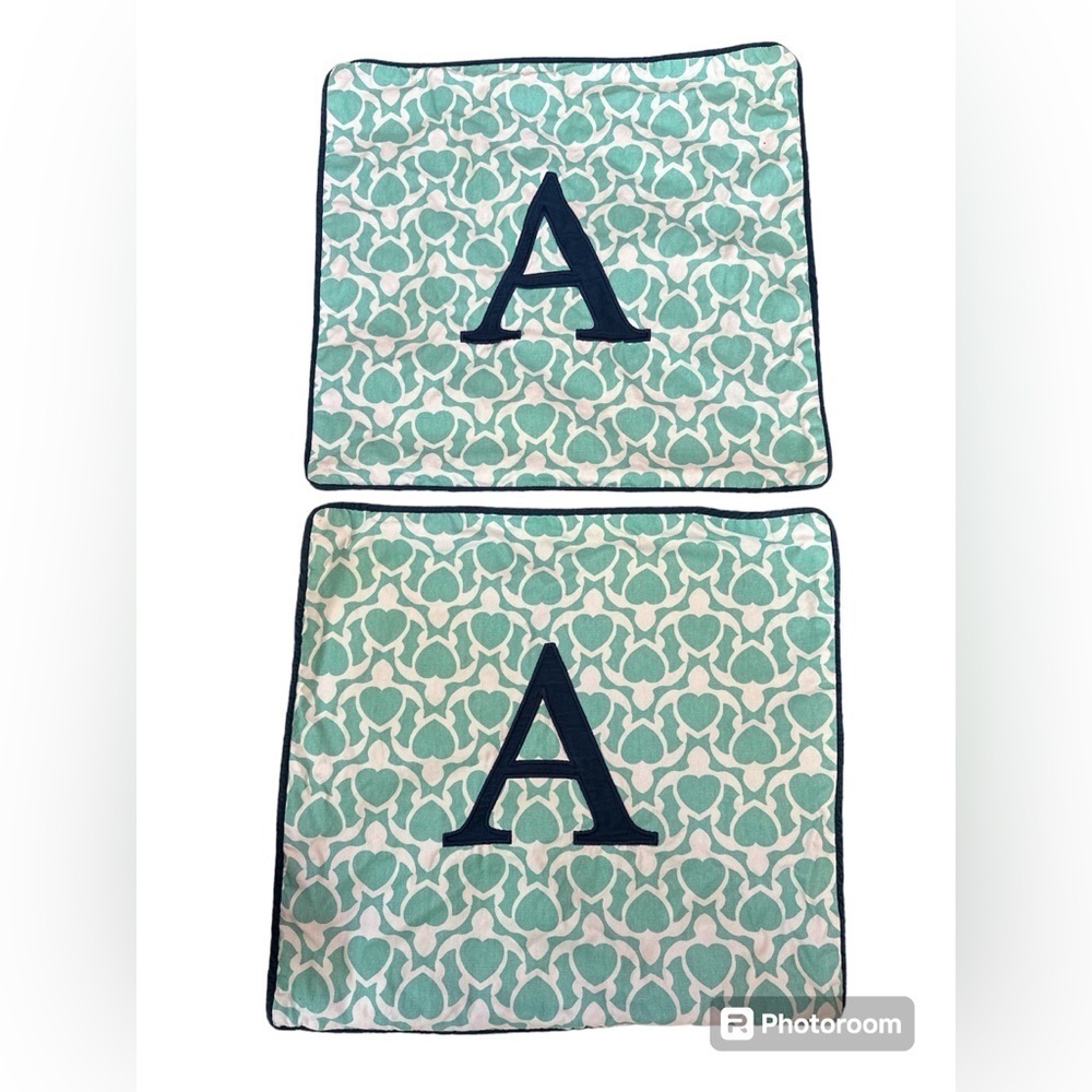 PB Teen pillow covers 16x16 Initial "A" hearts turtle aqua navy‎ personalized